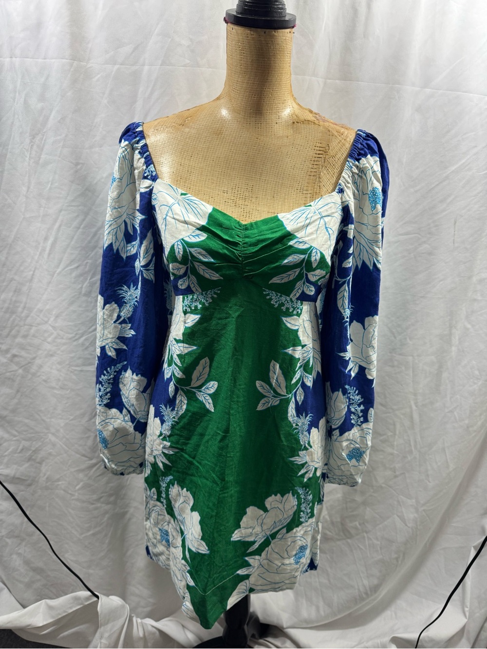 Farm Green and Blue Floral Puff-Sleeve Dress S